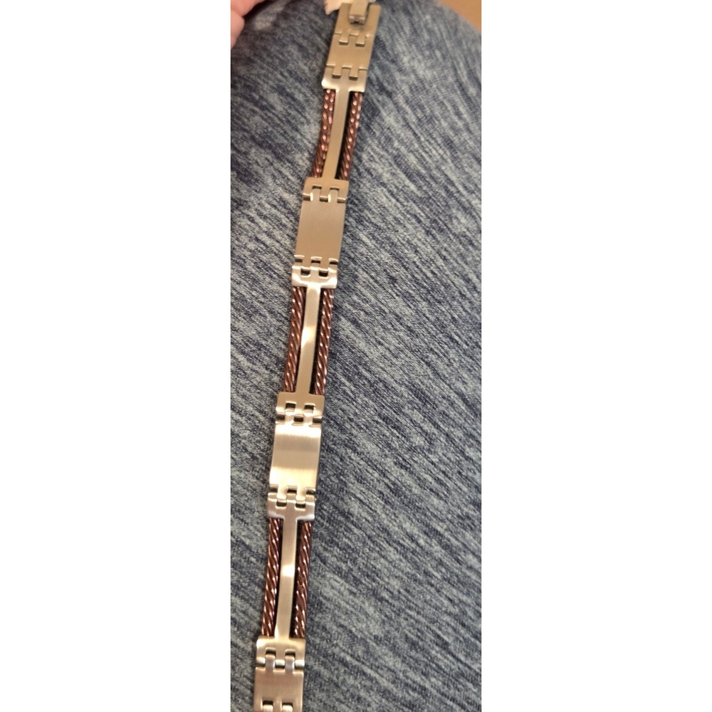 Macy's Two Tone Link Bracelet 8.5" Men Silver Rose Gold Stainless Steel Cable - Picture 4 of 4